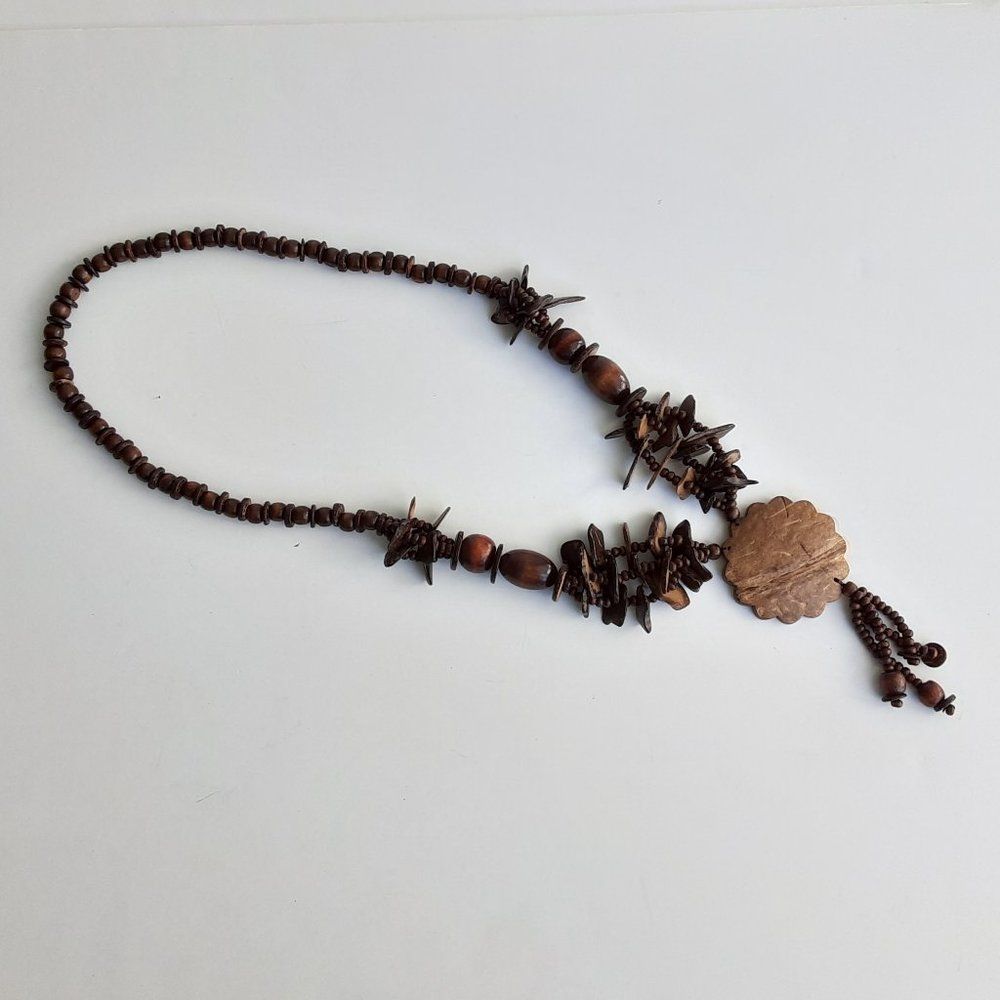 Statement Necklace Boho Oversized Tribal Ethnic Brown Wooden Beads Tassel 21"